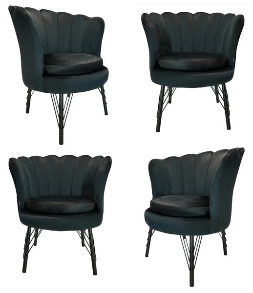 Set 4 fotolii Barcelona, DENVER, catifea neagra, perna detasabila, picioare negre, 71x71x79 cm