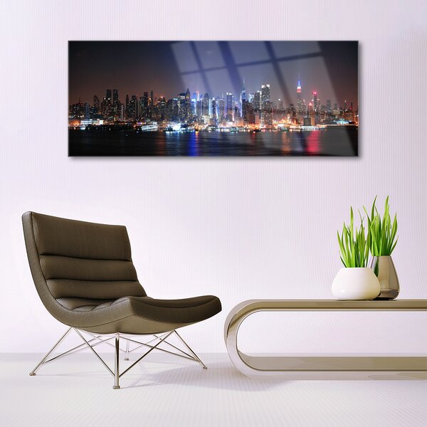 Tablou pe sticla Water City Case Negru Roz Albastru