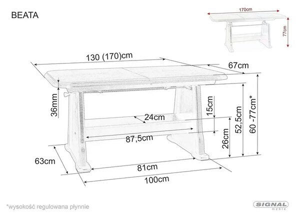 Masa extensibila BEATA, wenge, PAL/lemn, 130/170x67x60/77 cm