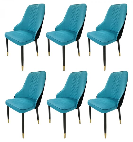 Set 6 scaune Modena, DENVER, catifea turcoaz cu negru, picioare metalice negre, 47x59x90 cm