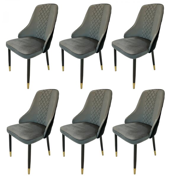 Set 6 scaune Modena, DENVER, catifea gri cu negru, picioare metalice negre, 47x59x90 cm