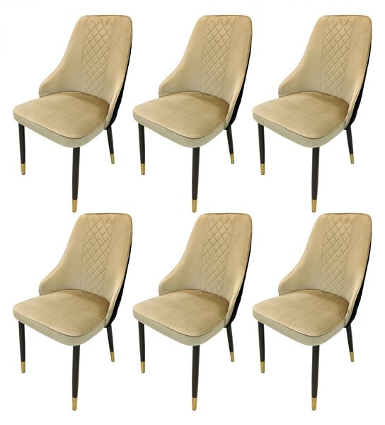 Set 6 scaune Modena, DENVER, catifea bej cu negru, picioare metalice negre, 47x59x90 cm