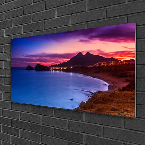 Tablou pe sticla Marea Munți Beach Peisaj Albastru Maro Roz Violet
