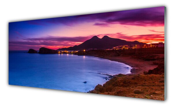 Tablou pe sticla Marea Munți Beach Peisaj Albastru Maro Roz Violet
