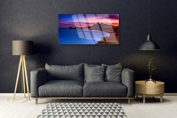 Tablou pe sticla Marea Munți Beach Peisaj Albastru Maro Roz Violet
