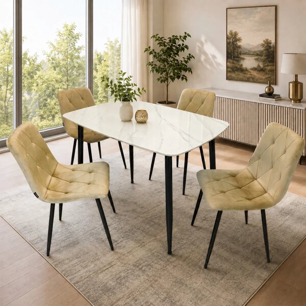 Set masa Viena alba cu 4 scaune Kobe bej, DENVER, blat ceramica, picioare negre, 120x80 cm