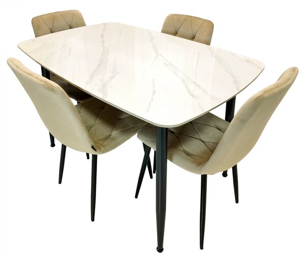 Set masa Viena alba cu 4 scaune Kobe bej, DENVER, blat ceramica, picioare negre, 120x80 cm