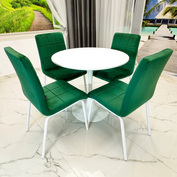 Set masa Innsbruck, DENVER, blat alb si picior alb cu 4 scaune Miami verde, forma rotunda, 80x73 cm