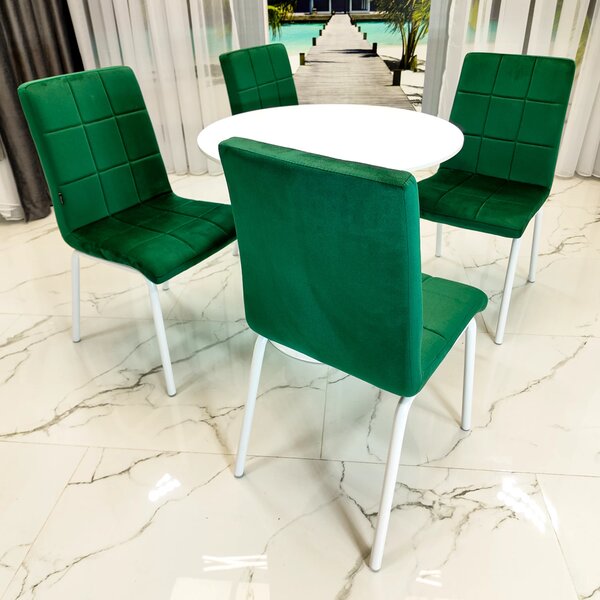 Set masa Innsbruck, DENVER, blat alb si picior alb cu 4 scaune Miami verde, forma rotunda, 80x73 cm