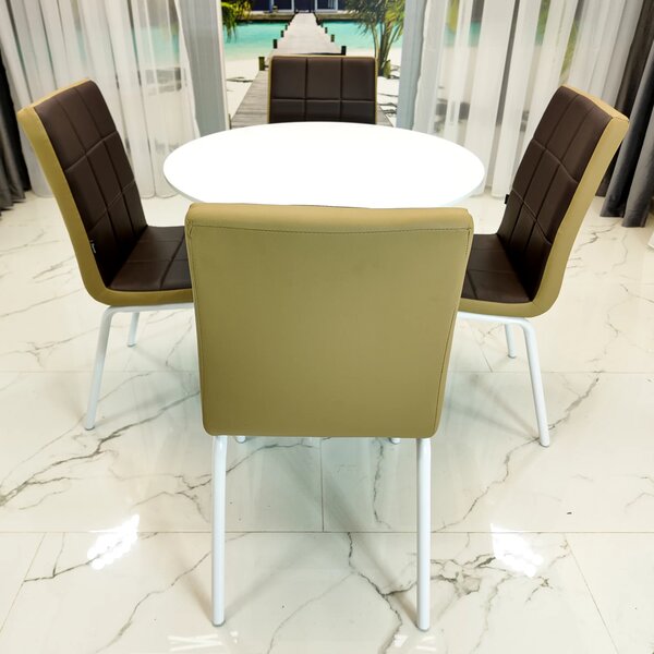 Set masa Innsbruck, DENVER, blat alb si picior alb cu 4 scaune Miami maro si bej, forma rotunda, 80x73 cm
