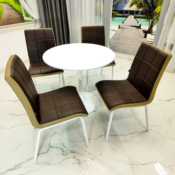 Set masa Innsbruck, DENVER, blat alb si picior alb cu 4 scaune Miami maro si bej, forma rotunda, 80x73 cm