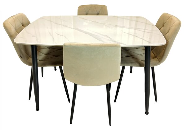 Set masa Viena alba cu 4 scaune Kobe bej, DENVER, blat ceramica, picioare negre, 120x80 cm