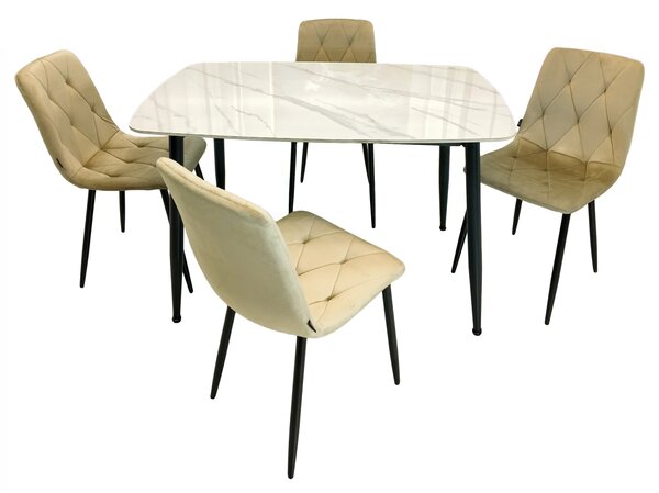 Set masa Viena alba cu 4 scaune Kobe bej, DENVER, blat ceramica, picioare negre, 120x80 cm