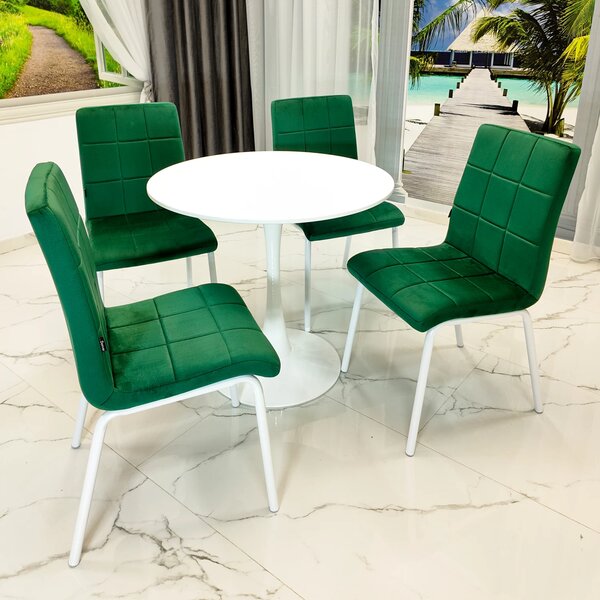 Set masa Innsbruck, DENVER, blat alb si picior alb cu 4 scaune Miami verde, forma rotunda, 80x73 cm