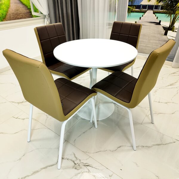 Set masa Innsbruck, DENVER, blat alb si picior alb cu 4 scaune Miami maro si bej, forma rotunda, 80x73 cm