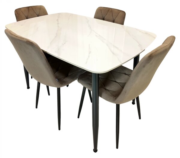 Set masa Viena alba cu 4 scaune Kobe maro, DENVER, blat ceramica, picioare negre, 120x80 cm