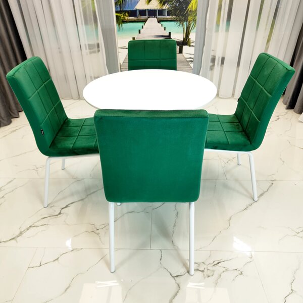 Set masa Innsbruck, DENVER, blat alb si picior alb cu 4 scaune Miami verde, forma rotunda, 80x73 cm