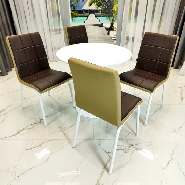 Set masa Innsbruck, DENVER, blat alb si picior alb cu 4 scaune Miami maro si bej, forma rotunda, 80x73 cm