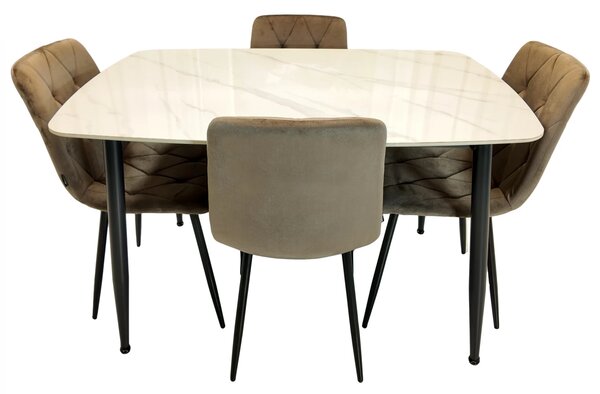 Set masa Viena alba cu 4 scaune Kobe maro, DENVER, blat ceramica, picioare negre, 120x80 cm