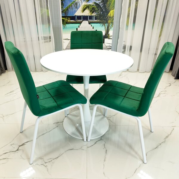 Set masa Innsbruck, DENVER, blat alb si picior alb cu 3 scaune Miami verde, forma rotunda, 80x73 cm