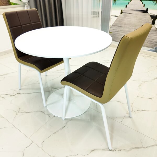 Set masa Innsbruck, DENVER, blat alb si picior alb cu 2 scaune Miami maro si bej, forma rotunda, 80x73 cm