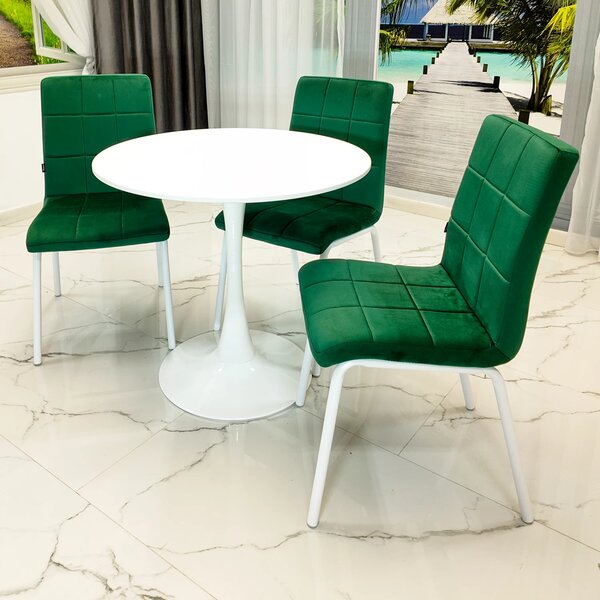 Set masa Innsbruck, DENVER, blat alb si picior alb cu 3 scaune Miami verde, forma rotunda, 80x73 cm