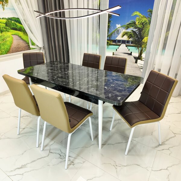 Set masa extensibila Napoli Black Marble cu 6 scaune Miami, DENVER, tapiterie din piele ecologica maro-bej, picioare vopsite alb, 130x80x76 cm