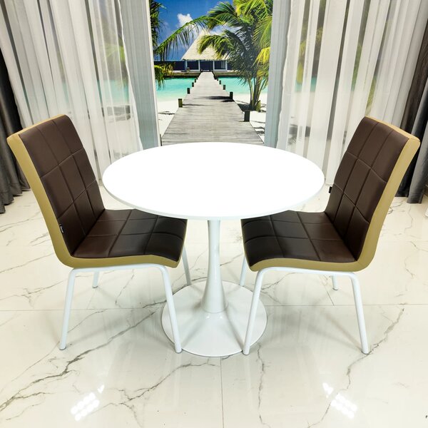 Set masa Innsbruck, DENVER, blat alb si picior alb cu 2 scaune Miami maro si bej, forma rotunda, 80x73 cm