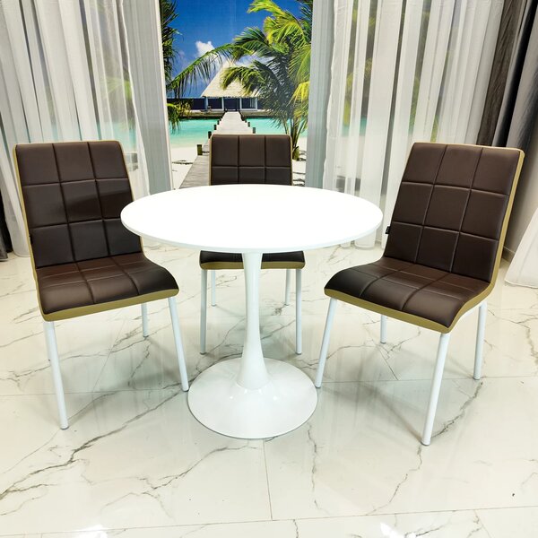 Set masa Innsbruck, DENVER, blat alb si picior alb cu 3 scaune Miami maro si bej, forma rotunda, 80x73 cm