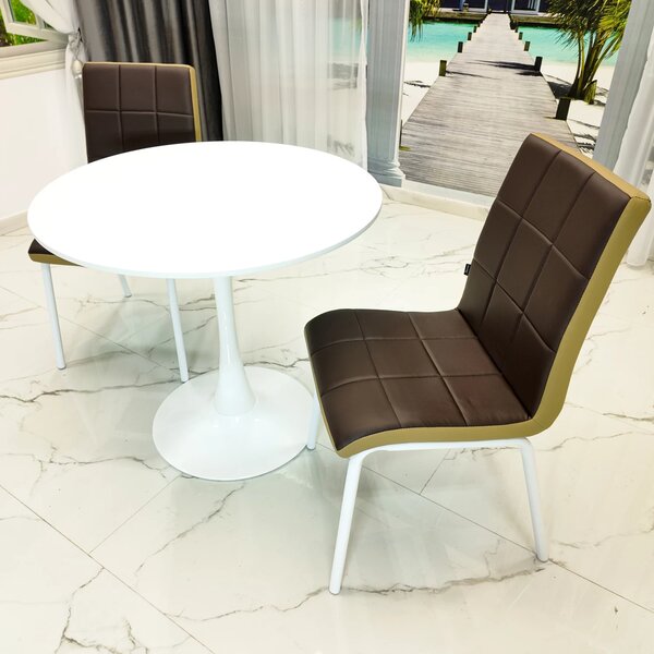 Set masa Innsbruck, DENVER, blat alb si picior alb cu 2 scaune Miami maro si bej, forma rotunda, 80x73 cm