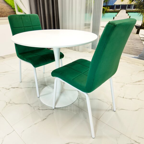 Set masa Innsbruck, DENVER, blat alb si picior alb cu 2 scaune Miami verde, forma rotunda, 80x73 cm