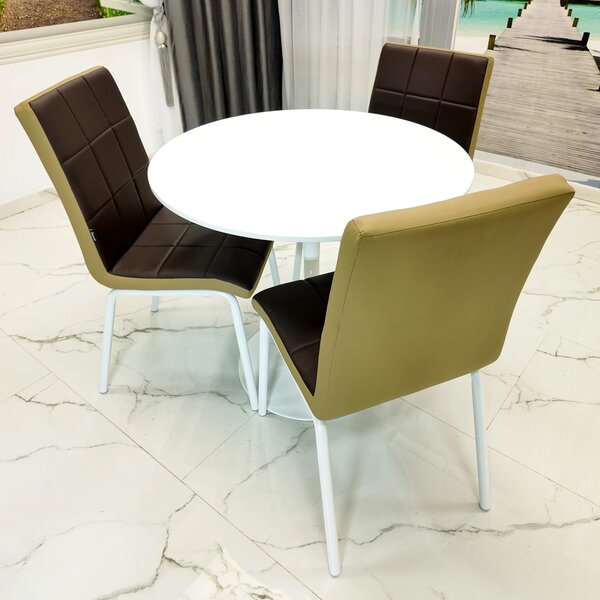 Set masa Innsbruck, DENVER, blat alb si picior alb cu 3 scaune Miami maro si bej, forma rotunda, 80x73 cm