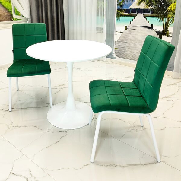 Set masa Innsbruck, DENVER, blat alb si picior alb cu 2 scaune Miami verde, forma rotunda, 80x73 cm