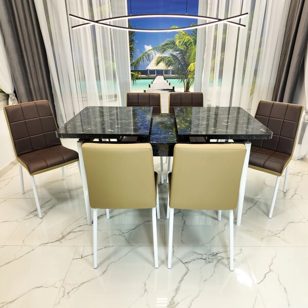 Set masa extensibila Napoli Black Marble cu 6 scaune Miami, DENVER, tapiterie din piele ecologica maro-bej, picioare vopsite alb, 130x80x76 cm