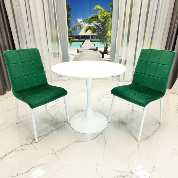 Set masa Innsbruck, DENVER, blat alb si picior alb cu 2 scaune Miami verde, forma rotunda, 80x73 cm