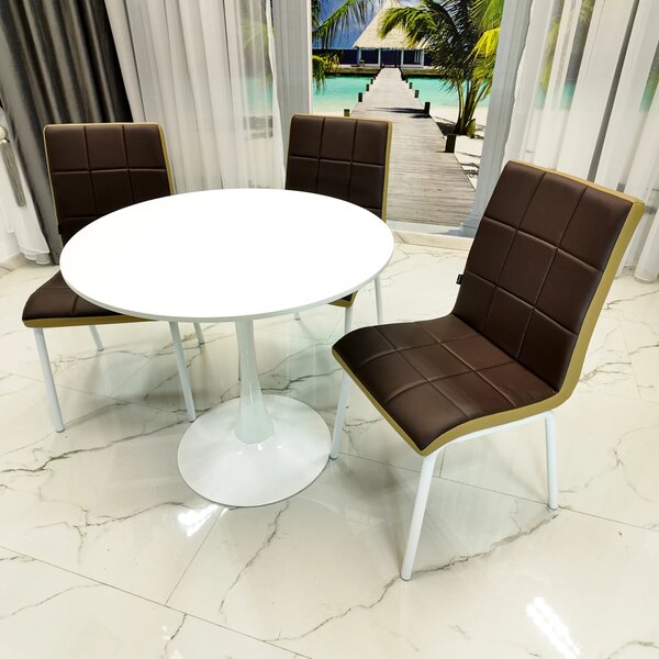 Set masa Innsbruck, DENVER, blat alb si picior alb cu 3 scaune Miami maro si bej, forma rotunda, 80x73 cm