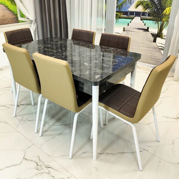 Set masa extensibila Napoli Black Marble cu 6 scaune Miami, DENVER, tapiterie din piele ecologica maro-bej, picioare vopsite alb, 130x80x76 cm