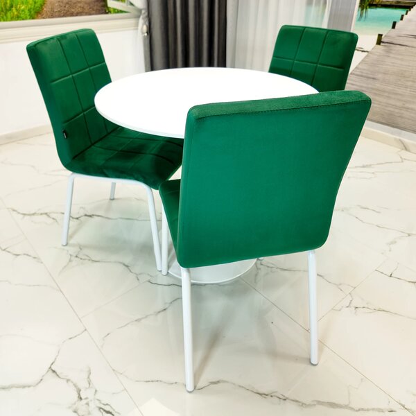 Set masa Innsbruck, DENVER, blat alb si picior alb cu 3 scaune Miami verde, forma rotunda, 80x73 cm