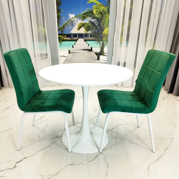 Set masa Innsbruck, DENVER, blat alb si picior alb cu 2 scaune Miami verde, forma rotunda, 80x73 cm
