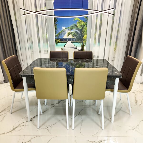 Set masa extensibila Napoli Black Marble cu 6 scaune Miami, DENVER, tapiterie din piele ecologica maro-bej, picioare vopsite alb, 130x80x76 cm