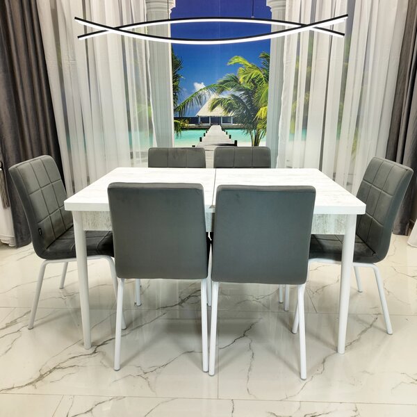 Set masa extensibila Napoli Pin antichizat cu 6 scaune Miami, DENVER, tapiterie din catifea gri, picioare vopsite alb, 130x80x76 cm