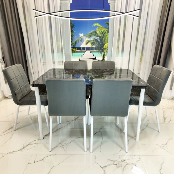 Set masa extensibila Napoli Black Marble cu 6 scaune Miami, DENVER, tapiterie din catifea gri, picioare vopsite alb, 130x80x76 cm