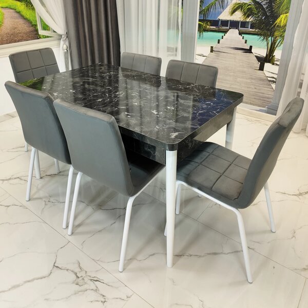 Set masa extensibila Napoli Black Marble cu 6 scaune Miami, DENVER, tapiterie din catifea gri, picioare vopsite alb, 130x80x76 cm