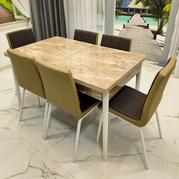 Set masa extensibila Napoli Royal Beige cu 6 scaune Miami, DENVER, tapiterie din piele ecologica maro-bej, picioare vopsite alb, 130x80x76 cm