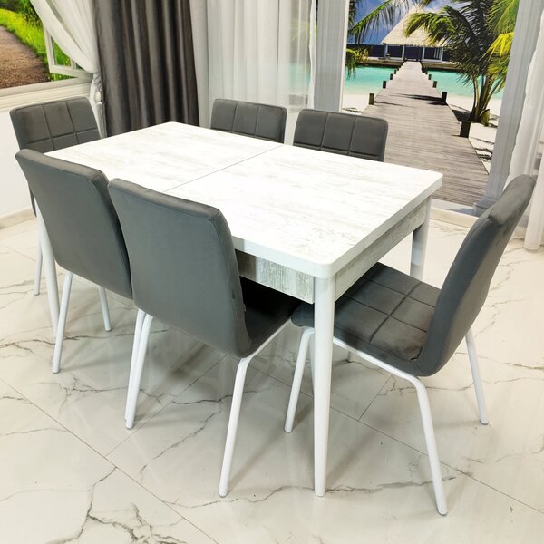 Set masa extensibila Napoli Pin antichizat cu 6 scaune Miami, DENVER, tapiterie din catifea gri, picioare vopsite alb, 130x80x76 cm