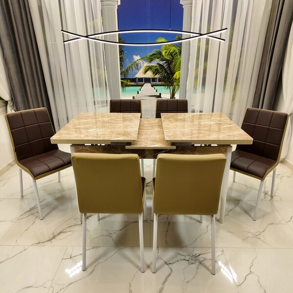 Set masa extensibila Napoli Royal Beige cu 6 scaune Miami, DENVER, tapiterie din piele ecologica maro-bej, picioare vopsite alb, 130x80x76 cm