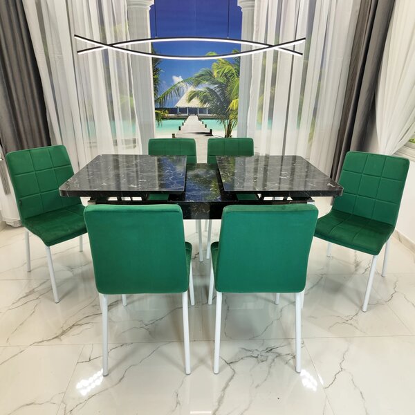 Set masa extensibila Napoli Black Marble cu 6 scaune Miami, DENVER, tapiterie din catifea verde, picioare vopsite alb, 130x80x76 cm