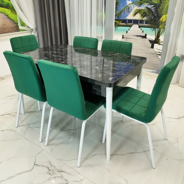 Set masa extensibila Napoli Black Marble cu 6 scaune Miami, DENVER, tapiterie din catifea verde, picioare vopsite alb, 130x80x76 cm