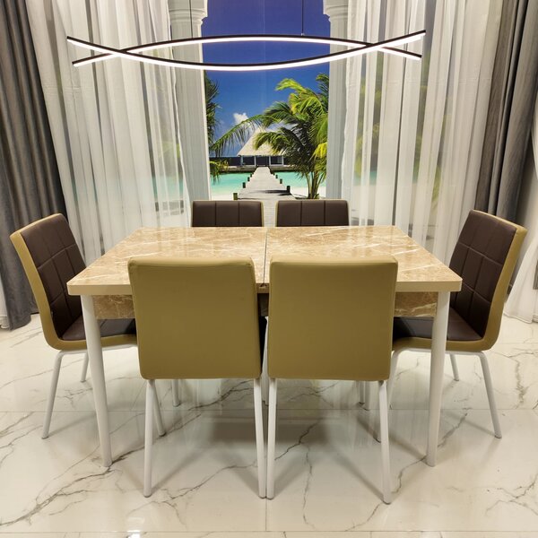 Set masa extensibila Napoli Royal Beige cu 6 scaune Miami, DENVER, tapiterie din piele ecologica maro-bej, picioare vopsite alb, 130x80x76 cm