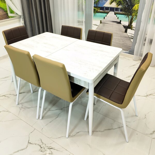 Set masa extensibila Napoli Pin antichizat cu 6 scaune Miami, DENVER, tapiterie din piele ecologica maro-bej, picioare vopsite alb, 130x80x76 cm